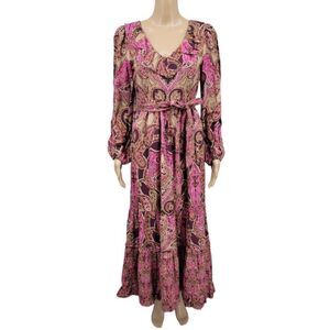 A Loves A Linen Blend Pink Tan Burgundy Paisley Printed Long Sleeve Maxi Dress